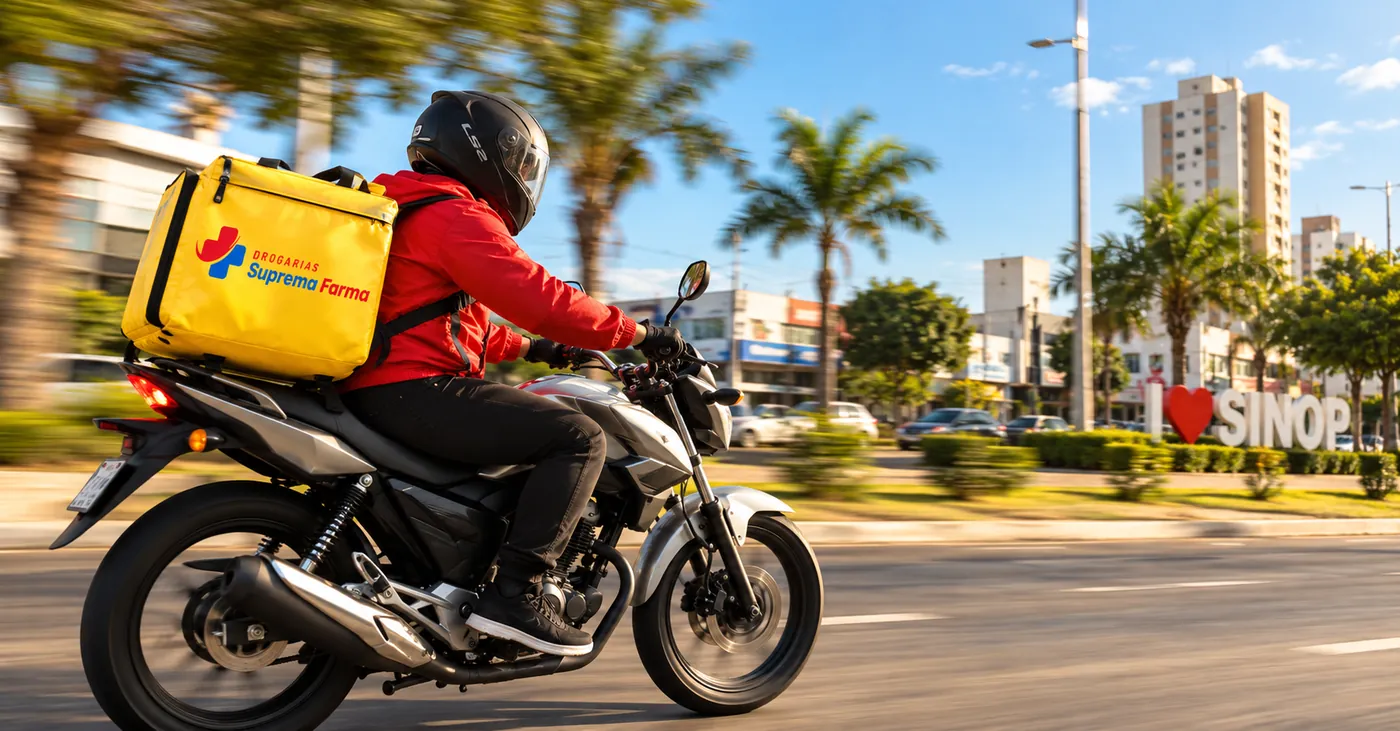 Entregador da Drogaria Suprema de moto, com bolsa amarela e jaqueta vermelha, em avenida de Sinop
